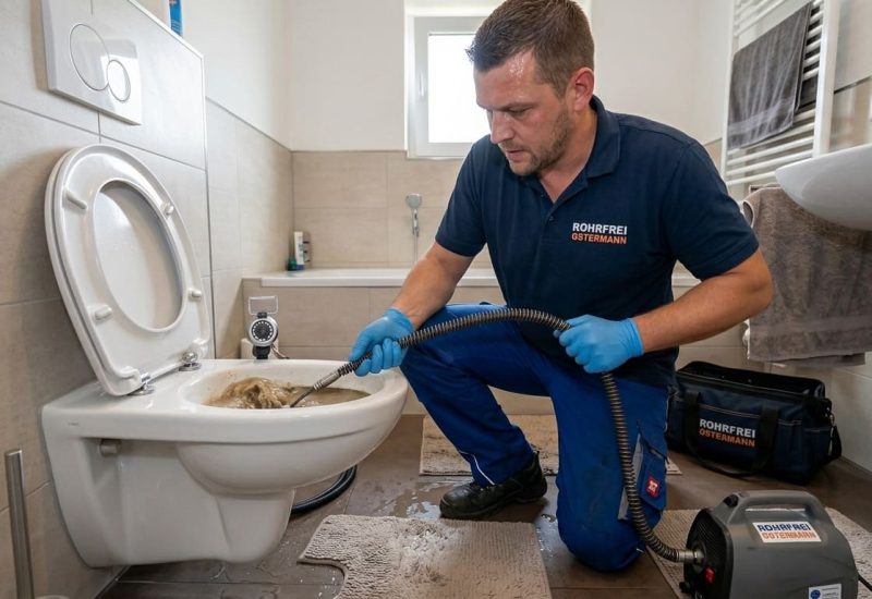 Rohrfrei Ostermann - Rohrreinigung Kanalreinigung - Mitarbeiter löst Verstopfung im WC