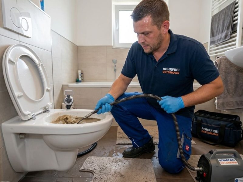 Rohrfrei Ostermann - Rohrreinigung Kanalreinigung - Mitarbeiter löst Verstopfung im WC