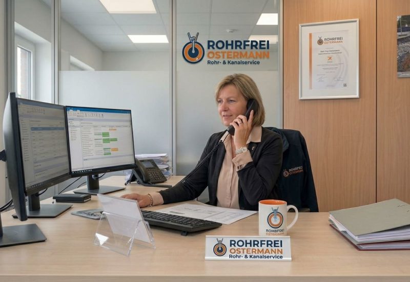 Rohrfrei Ostermann - Rohrreinigung Kanalreinigung - Mitarbeiterin telefoniert im Büro