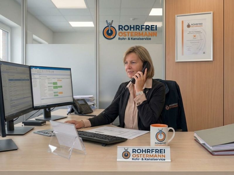Rohrfrei Ostermann - Rohrreinigung Kanalreinigung - Mitarbeiterin telefoniert im Büro